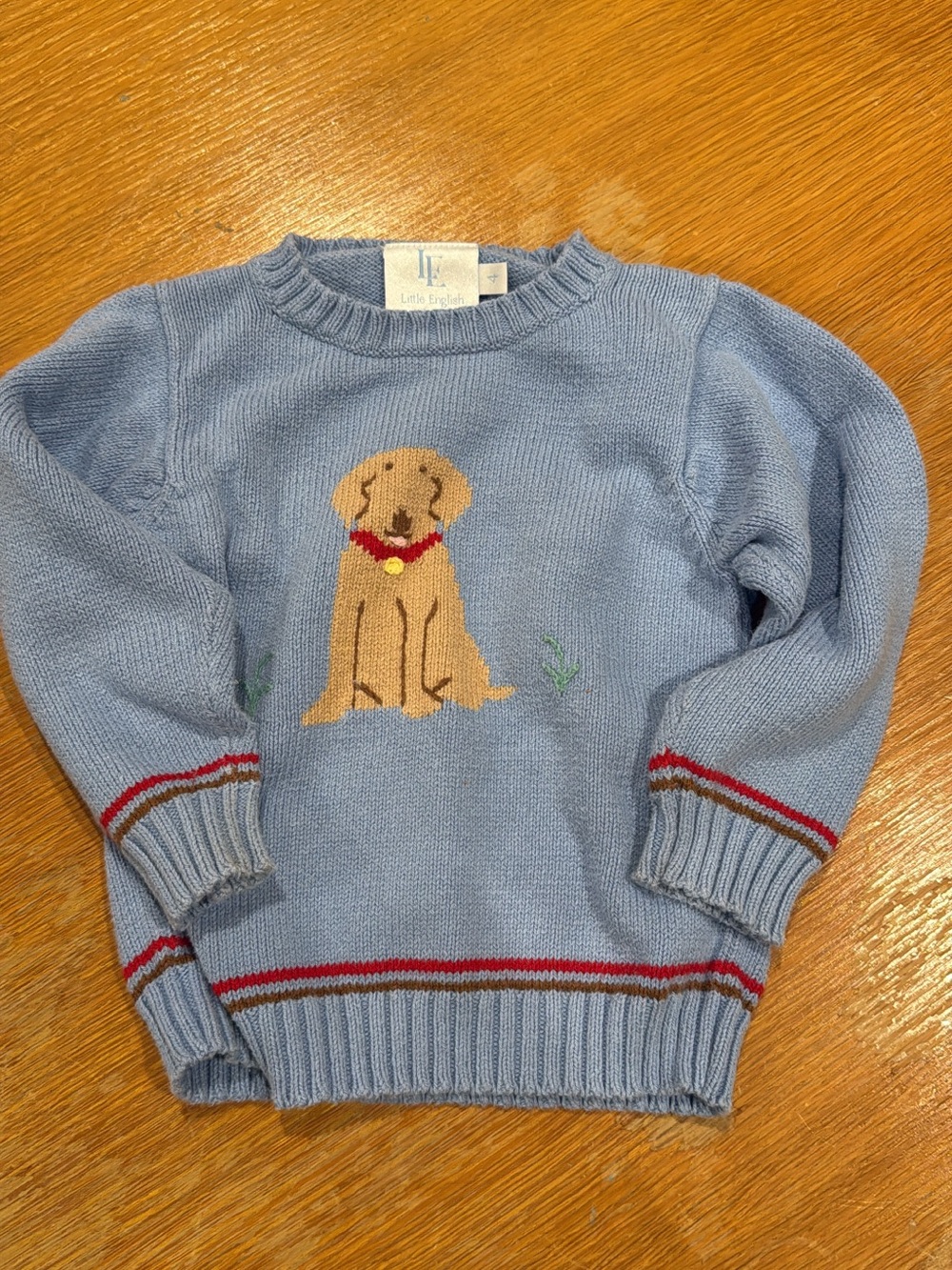 Little English Blue Knit Dog Sweater with Tan Puppy Motif